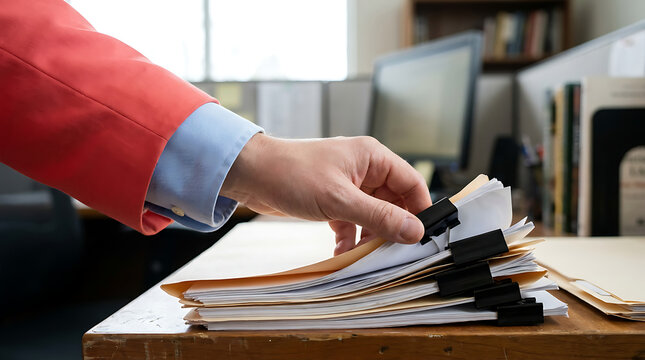 Person organizing stack of documents on desk in office environment