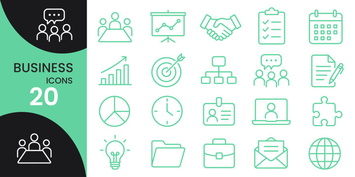 Collection of twenty modern business line icons representing teamwork strategy data analysis and global connections on a dark teal background