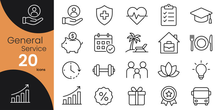 Collection of twenty modern line icons representing general services including healthcare finance education and lifestyle on a dark background