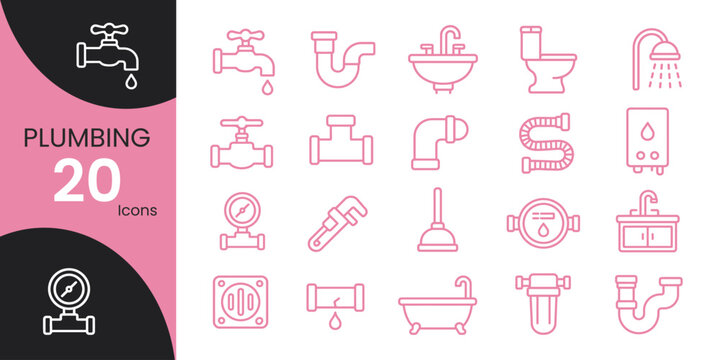 Collection of twenty plumbing flat icons depicting faucets toilets pipes and other bathroom fixtures on a pink background