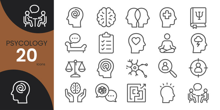Psychology line icons set featuring mental health therapy brain and counseling concepts on a dark brown background