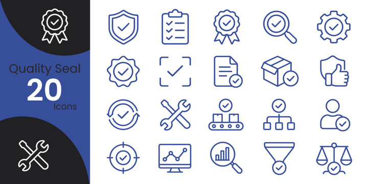 Collection of twenty quality assurance flat icons representing security reliability and performance with a blue color scheme