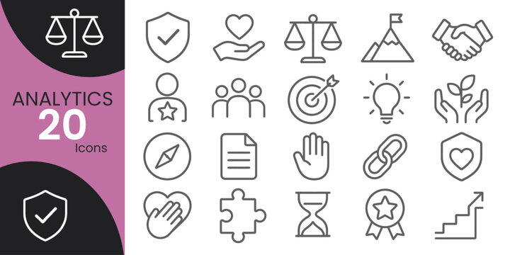 Collection of twenty linear justice success teamwork and analytics icons on a white background for professional design projects