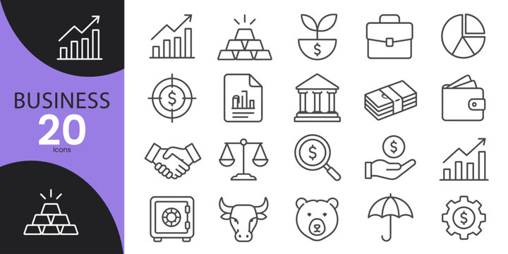 Collection of twenty linear business icons including finance growth investment and strategy on a dark purple background