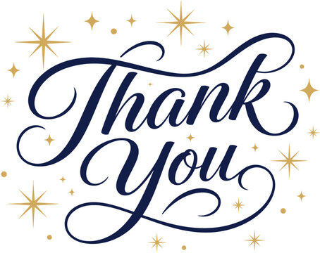 Elegant handlettered thank you calligraphy with golden sparkles on a white background for greeting cards and festive celebrations