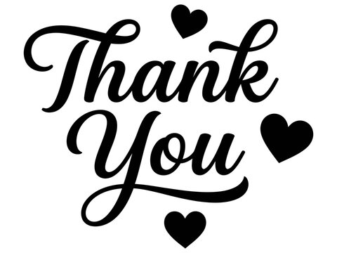 Elegant black and white handlettered thank you calligraphy with decorative hearts on a white background for greeting cards and appreciation