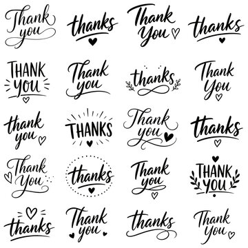 Collection of diverse handlettered thank you phrases with hearts and flourishes on a white background for gratitude and appreciation designs