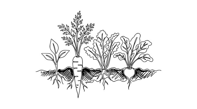 Hand Drawn Continuous Line Art of Root Vegetables Growing in Soil Illustration