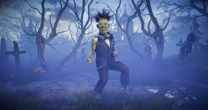 Funny 3D animation of Frankenstein monster dancing with skeletons, zombies and pumpkins in spooky night cemetery. Humorous Halloween character in scary foggy graveyard.