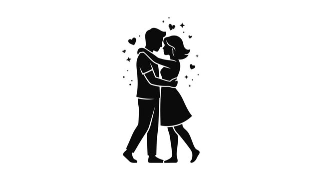 Couple embracing silhouette with hearts black on white background