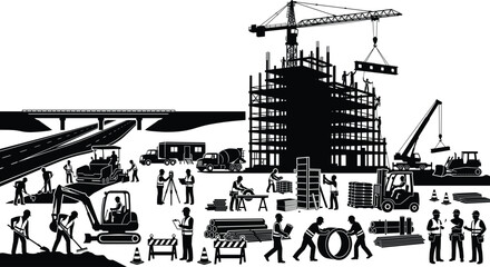 Obraz premium Construction Site Silhouette with Roadwork Cranes Heavy Equipment and Infrastructure Development Workers