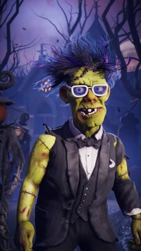 Funny 3D animation of Frankenstein monster dancing with skeletons, zombies and pumpkins in spooky night cemetery. Humorous Halloween character in scary foggy graveyard.