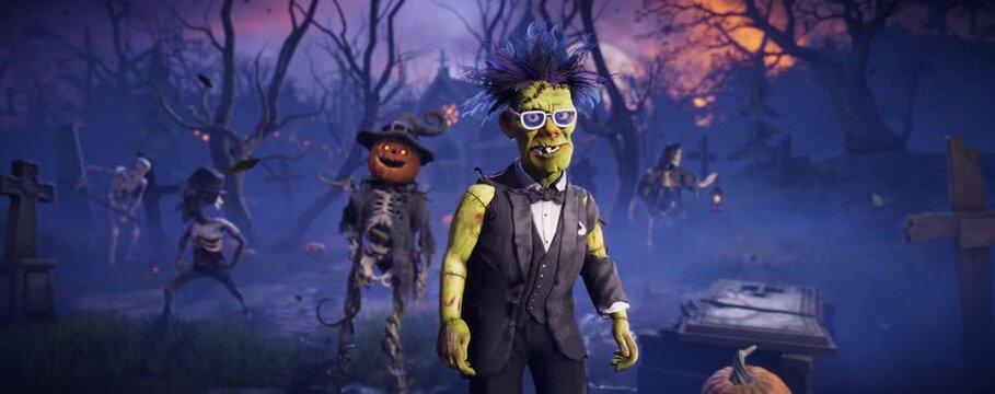 Funny 3D animation of Frankenstein monster dancing with skeletons, zombies and pumpkins in spooky night cemetery. Humorous Halloween character in scary foggy graveyard.