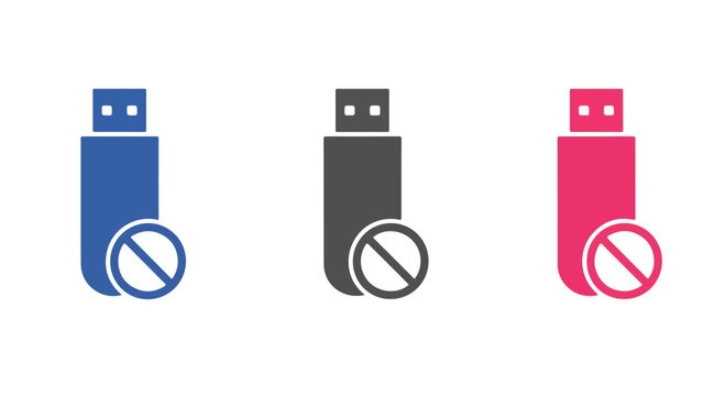 Three USB drives with prohibition symbols displayed in blue gray and pink colors, representing blocked data and restricted use.