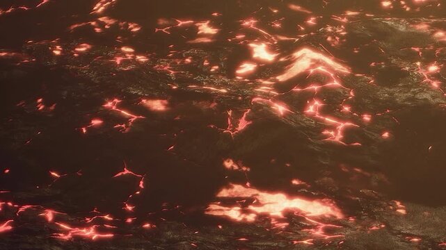 Hot lava spreads over rugged terrain during an active volcanic eruption. Erupting earth shows bright orange and red colors, creating a dramatic scene. The area appears vast and intense.
