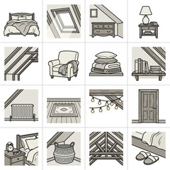 Attic bedroom and loft interior design line icons. © Khoyah