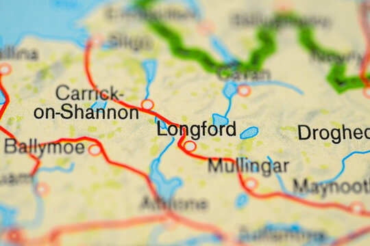 Close up travel map of Longford and Carrick on Shannon in Ireland.