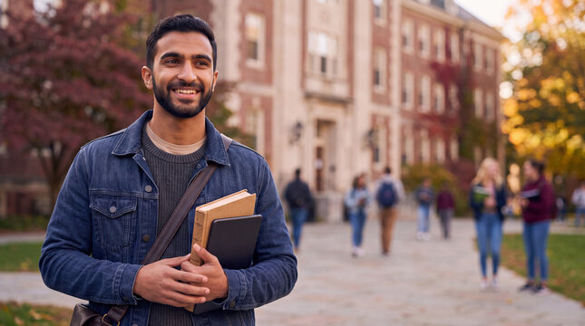 Back to school college portrait. Happy Indian male university student holding books and digital tablet, smiling on campus pathway with brick building background on September 1st freshman orientation.