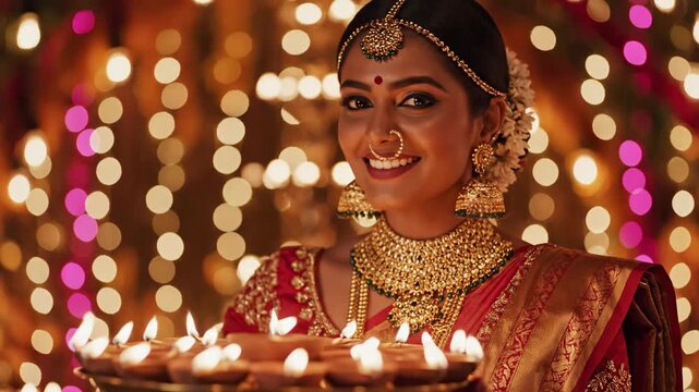 Indian woman in traditional sari holding tray of diya lamps.