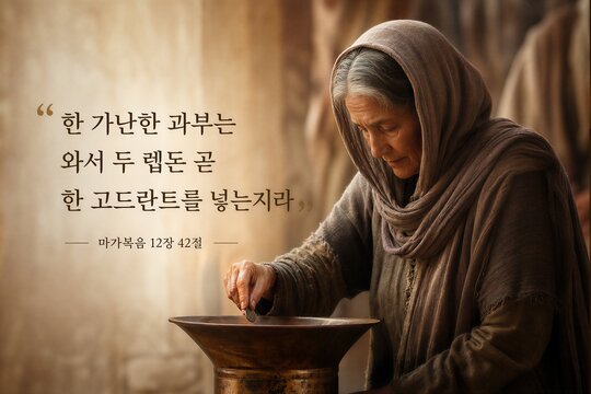 Biblical scene of the Widow's Mite from Mark 12:42, depicting an ancient coin offering in a temple treasury with Korean scripture, symbolizing devotion and generosity.