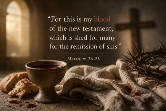 Jesus institutes the Eucharist at the Last Supper, offering his blood for the remission of sins, a sacred New Covenant event from Matthew 26:28.