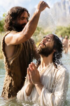 John the Baptist performing a sacred baptism of Jesus Christ in the Jordan River, capturing a dynamic and spiritual immersion moment with intense emotion and profound faith.