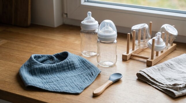 Baby feeding items on a kitchen counter featuring glass bottles bib spoon and drying rack