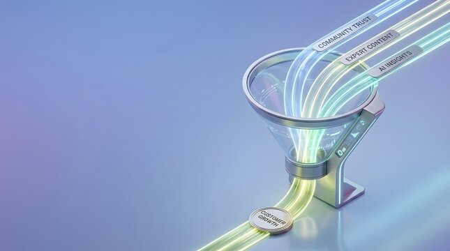 Isometric 3D illustration of a glass funnel processing glowing data streams labeled community trust, expert content, and AI insights to produce customer growth on a blue background.