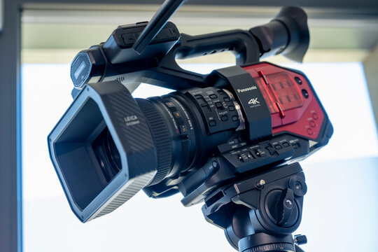Close-up of a professional video camera