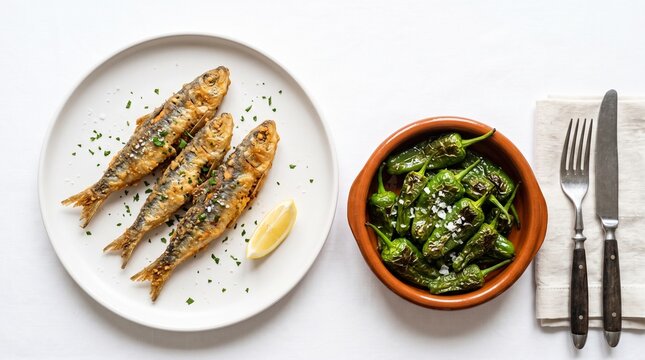 Top down view of crunchy fried Spanish sardines with pimientos de padron on white background