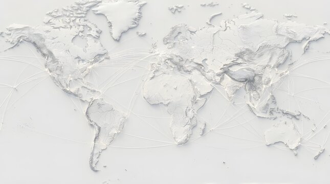 Minimalist 3D relief world map on a white background featuring topographical details and glowing connection lines representing global networks, data flow, and international travel routes.