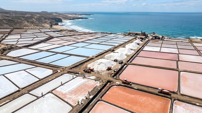 Aerial View of Coastal Salt Evaporation Ponds in Pink and White Beside the Ocean With Harvested Salt Mounds and a Processing Plant Salt Production Industry