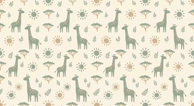 Cute minimalist giraffe seamless pattern in Scandinavian style, safari nursery background with acacia leaves and abstract sun, vector