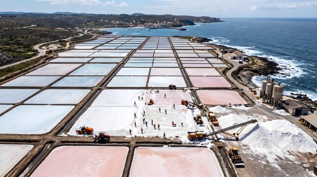 Aerial View of Coastal Salt Evaporation Ponds in Pink and White Beside the Ocean With Harvested Salt Mounds and a Processing Plant Salt Production Industry
