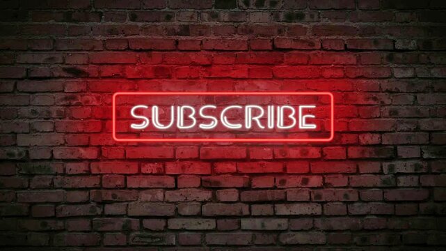 Red neon subscribe light box button animation for social media content creators on a brick textured wall
