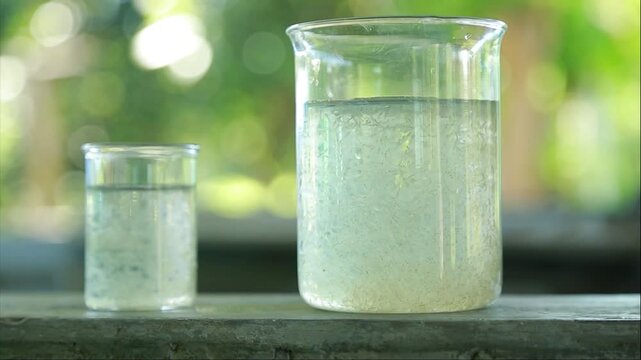 A close-up, steady shot capturing tiny fish spawn and larvae swimming actively underwater inside a clear glass container. Shot in Nalbari, Assam, India. 4K UHD