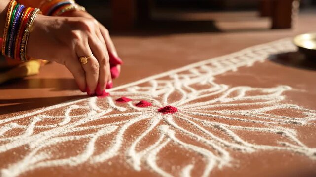 Indian woman making traditional rangoli art on ground