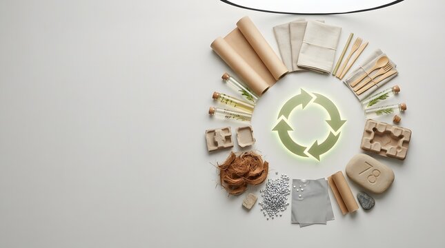 Top view of sustainable items including wooden utensils, linen cloths, glass tubes with botanical oil, coconut fiber, and paper pulp trays encircling a glowing green recycle icon.