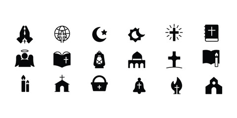 Fototapeta premium Set of black religious icons representing christianity and faith symbols including a cross bible church and prayer