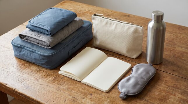 Travel essentials on a wooden table featuring packing cubes a toiletry bag notebook sleep mask and water bottle