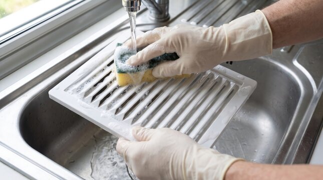Hands wearing rubber gloves washing a white plastic ventilation grille with a soapy sponge in a kitchen sink