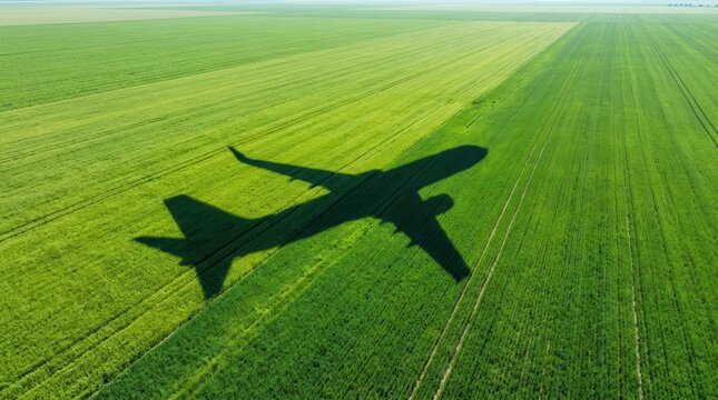 A shadow of an airplane flies over lush green fields symbolizing sustainable aviation fuel.