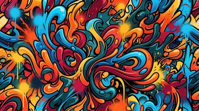 Colorful abstract graffiti art pattern featuring a seamless background of spray paint splatters.