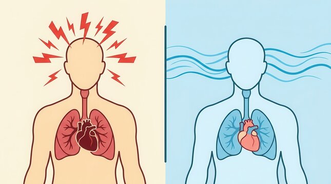 Vagus nerve activation illustration showing fight or flight versus rest and digest states.
