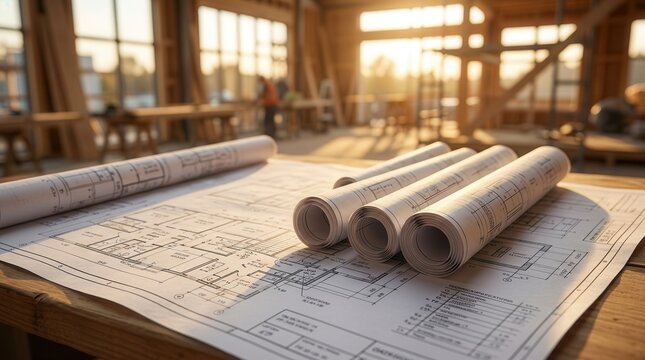 Blueprints and construction tools for planning and execution in housing projects.