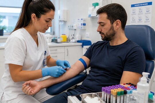 Nurse performing venipuncture and blood collection from patient in medical clinic