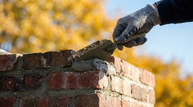 Professional worker repairing a brick chimney using a trowel for maintenance.