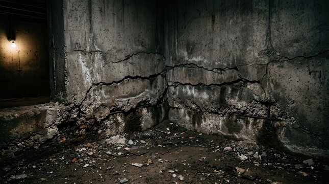 Cracked concrete foundation wall with water staining and soil erosion in a dim basement corner.