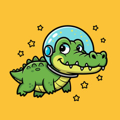 Naklejka premium Cute Cartoon Alligator Astronaut Floating in Space with Stars