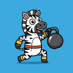 Obraz premium Cartoon Zebra Lifting Kettlebell Fitness Exercise Fun Animal Character